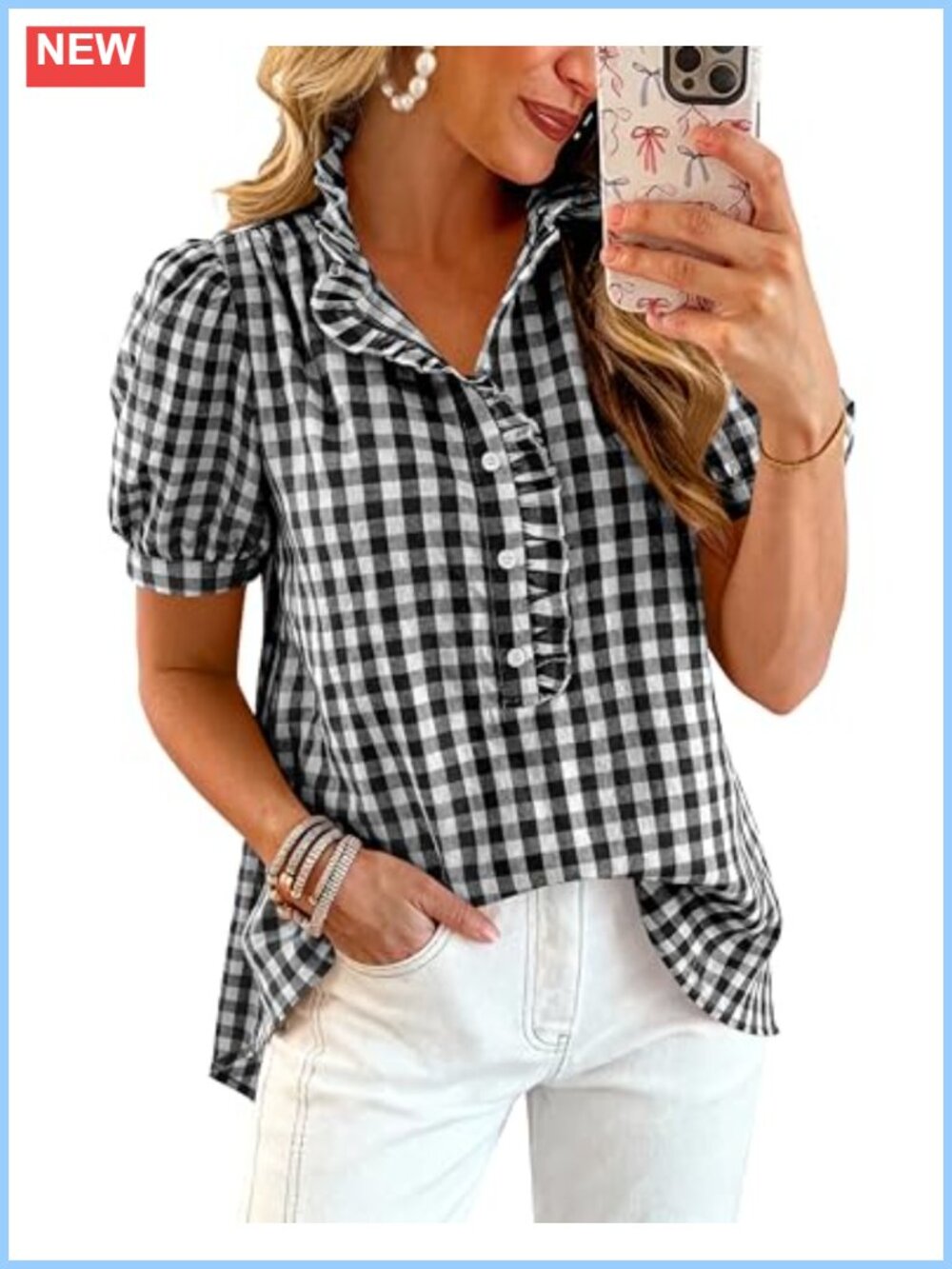 Women's Puff Sleeve Button Down Blouse Ruffle Collar Short Sleeve Office Top